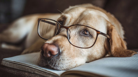 The dog with glasses. Education concept. Light brown Labrador dog in glasses with black rim on the couch looks around, lying on a notebook. Smart dog. Muzzle dogs close up. The concept of educationの素材