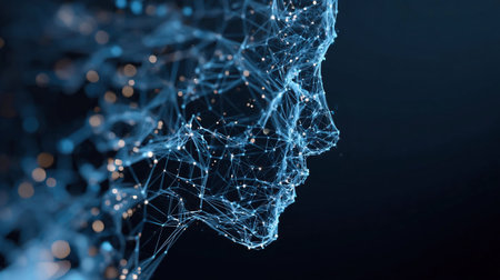 Abstract human head consists of connected dots, lines, and polygons flows into the wires of a circuit. The silhouette of a cyborg in low poly blue. AI face concept. Artificial Intelligence background.の素材