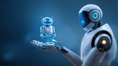 AI agent or assistant concept. An abstract humanoid robot holds a cute digital hologram of futuristic bot on a palm. Artificial Intelligence innovation illustration. Blue technology background.の素材