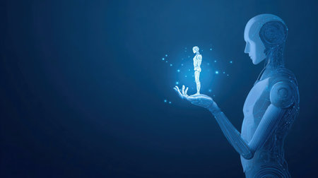 AI agent or assistant concept. An abstract humanoid robot holds a cute digital hologram of futuristic bot on a palm. Artificial Intelligence innovation illustration. Blue technology background.の素材
