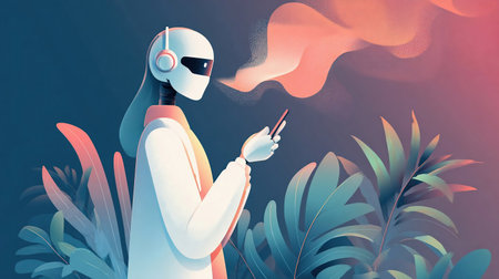 Futuristic AI assistant interacting via smartphone. Digital human holds mobile device, glowing chatbot emerges with sound waves. Concept of voice app, AI, smart tech.の素材