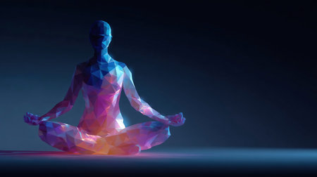Yoga body woman health polygon 3d science. Futuristic low poly yogi in lotus asana with matrix code rain, meditation human silhouette, digital aura, chakra balance, zen concept.の素材