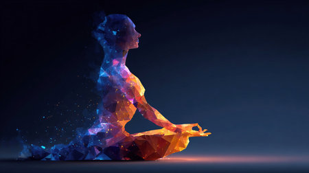 Yoga body woman health polygon 3d science. Futuristic low poly yogi in lotus asana with matrix code rain, meditation human silhouette, digital aura, chakra balance, zen concept.の素材
