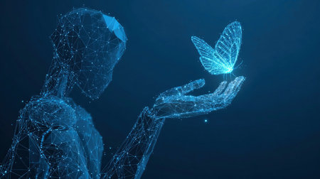Futuristic abstract humanoid robot holding a digital butterfly on a palm. AI art or Artificial Intelligence Innovation concept. Polygonal wireframe illustration. Blue technology background.の素材