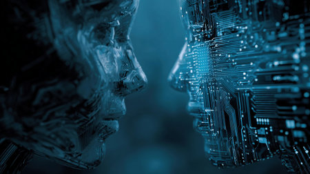 Artificial intelligence circle processor and two human abstract faces. AI innovation concept. Light blue machine learning chip in the center on dark blue technology background. Humanoid robot head techの素材
