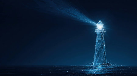 Abstract digital lighthouse with a bright beam on a dark blue technology background in a futuristic style. Guiding light and business vision concept.の素材