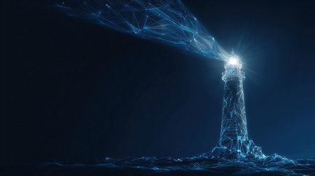 Abstract digital lighthouse with a bright beam on a dark blue technology background in a futuristic style. Guiding light and business vision concept.の素材