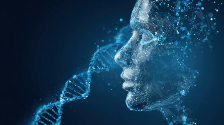 Digital Human face and DNA double helix on a blue technology background. DNA molecule hologram and AI robot head. Futuristic biotechnology and Science tech conceptの素材