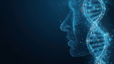 Digital Human face and DNA double helix on a blue technology background. DNA molecule hologram and AI robot head. Futuristic biotechnology and Science tech conceptの素材