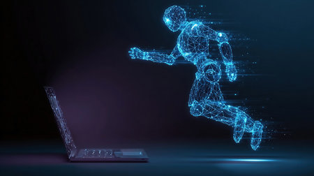 Futuristic AI agent bot flying out of a digital laptop. Robot assistant concept in tech wireframe style, perfect for artificial intelligence, automation, and virtual helpers.の素材