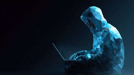 Abstract polygonal hacker with laptop on technology dark background. Cyber attack and cyber security concepts. Computer hacking. Digital technology. Man in hoodie.の素材