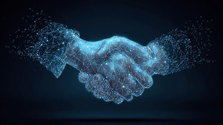 Digital handshake on blue technology background. Abstract two hands in lines, connected dots, and triangles. Polygonal grid 3D illustration. Business partnership concept. Low poly wireframe.の素材