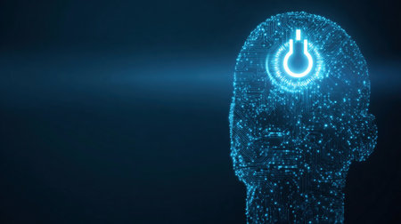 Digital human head with circuit on power button element into a head. Abstract AI robot with HUD bright neon light element as Power On button. Technology futuristic background.の素材