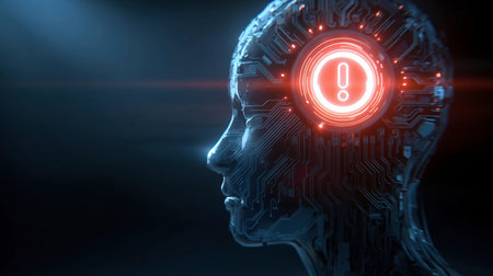 Digital human head with circuit on power button element into a head. Abstract AI robot with HUD bright neon light element as Power On button. Technology futuristic background.の素材