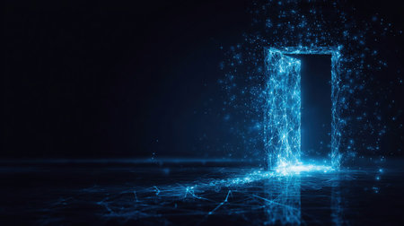 Abstract digital open door in the future. Technology portal with bright neon light. Low poly futuristic door in tech blue. Opportunity concept on dark background.の素材