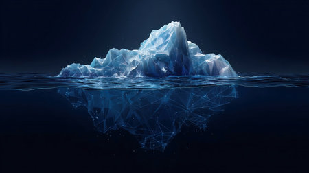 Abstract digital iceberg. Water surface on a dark night background. Ice underwater and mountain. Technology low poly wireframe glacier in the ocean.の素材
