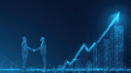 Chart graph with up arrow hologram and businessmen handshake on technology background. Rise chart bar. Stock market or growth business concept. Digital low poly light blue style.の素材