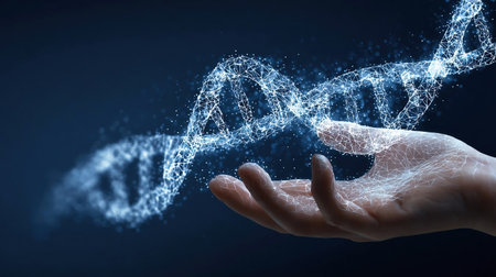 Abstract hologram of DNA helix in a hand on a blue background. Digital hand-holding double helix in futuristic light monochrome low poly wireframe style. Medical, science concept.の素材
