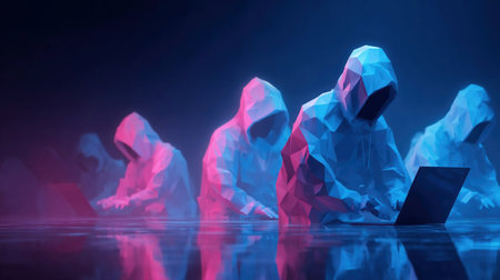 A cyber attack or Cybersecurity concept. Abstract digital hacker teams are hacking system. Polygonal conception of fraud and internet criminal. Technology futuristic backgroundの素材