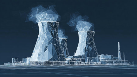 Nuclear power plant sketch. Isolated abstract polygonal nuclear reactor. Polluting energy. Industry concept. Plant, station, or factory in modern low poly wireframe style.の素材