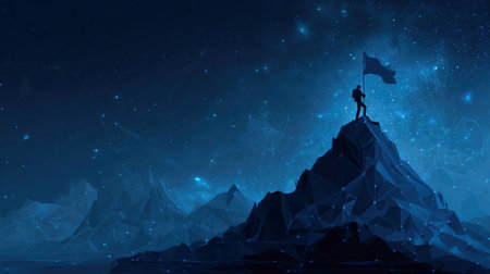 Digital mountain with a flag and a professional climbing businessman on the top. Abstract goals achievement and ambitions concept. Technology dark blue background with peaks and constellations.の素材
