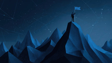 Digital mountain with a flag and a professional climbing businessman on the top. Abstract goals achievement and ambitions concept. Technology dark blue background with peaks and constellations.の素材