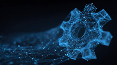 Abstract Technology Gear in Digital Low Poly Blue Wireframe Style. Cog Wheel. Connected Dots, Lines, as Starry Skyの素材