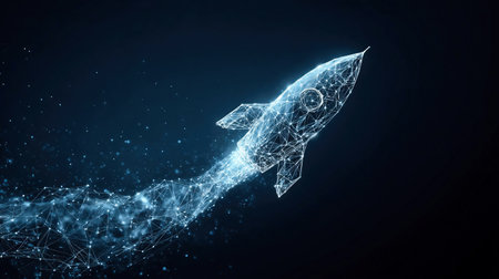 Digital rocket flies in orbit of planet Earth. Abstract light blue technological background. Spaceship in outer space. Polygonal science art.の素材