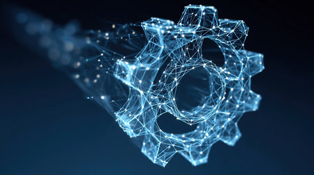 Abstract Technology Gear in Digital Low Poly Blue Wireframe Style. Cog Wheel. Connected Dots, Lines, as Starry Skyの素材