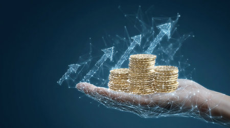 Technology Increase Revenue Concept. Money coins in a hand. Growth profit. Abstract polygonal stack of coins in a hand and arrows up on blue backgroundの素材