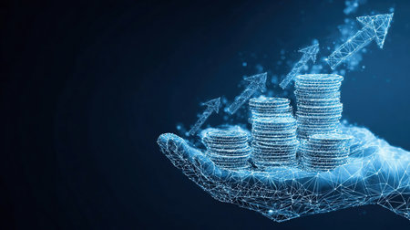 Technology Increase Revenue Concept. Money coins in a hand. Growth profit. Abstract polygonal stack of coins in a hand and arrows up on blue backgroundの素材