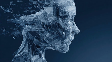 A humanoid robot head. Close-up of an abstract AI human face sideways. Digital technology blue background.の素材