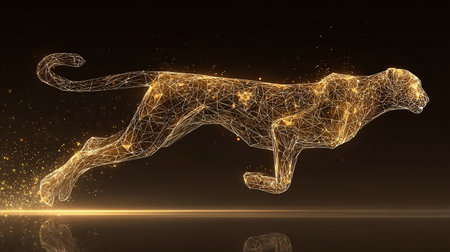 Abstract Digital Low Poly Wireframe Cheetah in running motion. Technology Speed Innovation Concept. Fast Cat with Connected Dots, Lines, Triangles, and speed particles.の素材
