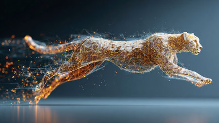 Abstract Digital Low Poly Wireframe Cheetah in running motion. Technology Speed Innovation Concept. Fast Cat with Connected Dots, Lines, Triangles, and speed particles.の素材