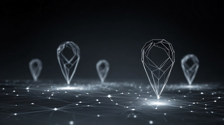 Abstract set of location map pins. GPS digital concept. Technology low poly pin in futuristic hologram style on dark background.の素材