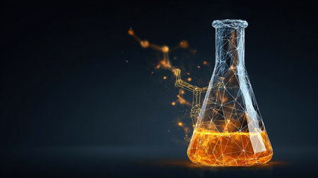Abstract lab flask with blue liquid and chemistry molecule. Science and education concept. Polygonal laboratory glass test tube on dark background.の素材
