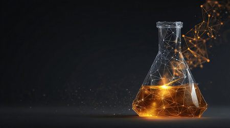 Abstract lab flask with blue liquid and chemistry molecule. Science and education concept. Polygonal laboratory glass test tube on dark background.の素材