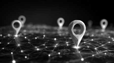 Abstract set of location map pins. GPS digital concept. Technology low poly pin in futuristic hologram style on dark background.の素材