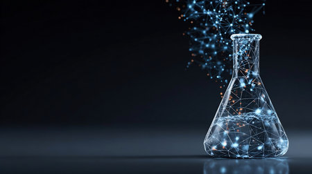 Abstract lab flask with blue liquid and chemistry molecule. Science and education concept. Polygonal laboratory glass test tube on dark background.の素材