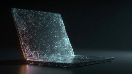 Low Poly Laptop in Technological Blue Color on Dark Background. Front View of Abstract Digital Opened Mobile Computers. Polygonal Wireframe Light Structure in Connected Dots, Lines, and Triangles.の素材