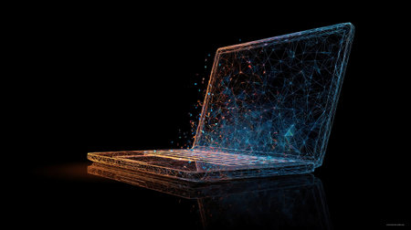 Low Poly Laptop in Technological Blue Color on Dark Background. Front View of Abstract Digital Opened Mobile Computers. Polygonal Wireframe Light Structure in Connected Dots, Lines, and Triangles.の素材