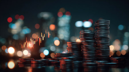 Financial investment concept, Double exposure of city night and stack of coins for finance investor, Forex trading candlestick chart, Cryptocurrency Digital economy. background for investの素材