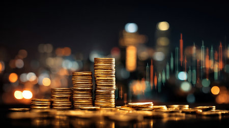 Financial investment concept, Double exposure of city night and stack of coins for finance investor, Forex trading candlestick chart, Cryptocurrency Digital economy. background for investの素材