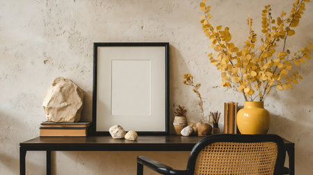 Workplace interior with mock up poster frame, black desk, rattan chair, stylish rack, books, yellow vase with leaves, modern sculpture, wall with stucco and personal accessories. Home decor. Template.の素材