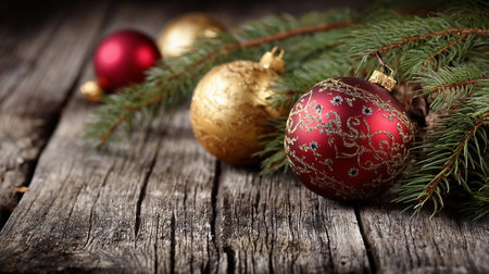 Christmas and New Year background with a festive scene with gold and red Christmas ornaments and fir tree branches on a wooden background, symbolizing holiday spirit and elegance.の素材