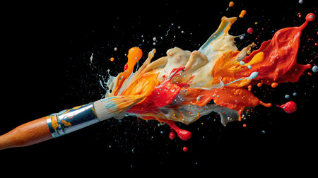 Close up photo of brush with purple paint. Multicolor art for creative design, marketing campaigns and inspirational backgrounds. Copy space. Wallpaper. Paintbrush in a paint splashの素材