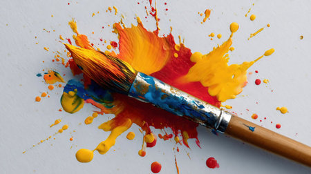 Close up photo of brush with purple paint. Multicolor art for creative design, marketing campaigns and inspirational backgrounds. Copy space. Wallpaper. Paintbrush in a paint splashの素材