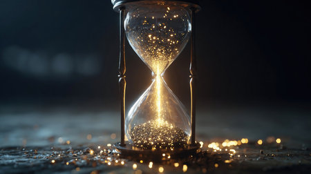 Elegant Glass Hourglass with Bokeh Light Background - Time and Light Photography. Hourglass with Shining Lightの素材