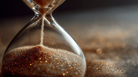 hourglass close up with shining sand inside, conceptual image of time, 3D design made on the basis of photography. hourglass close up with shining sand insideの素材