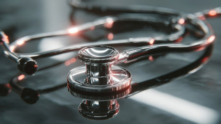 A close-up image showcases a classic black and silver stethoscope resting on a reflective white surface, highlighting its polished metallic finish and detailed design.の素材